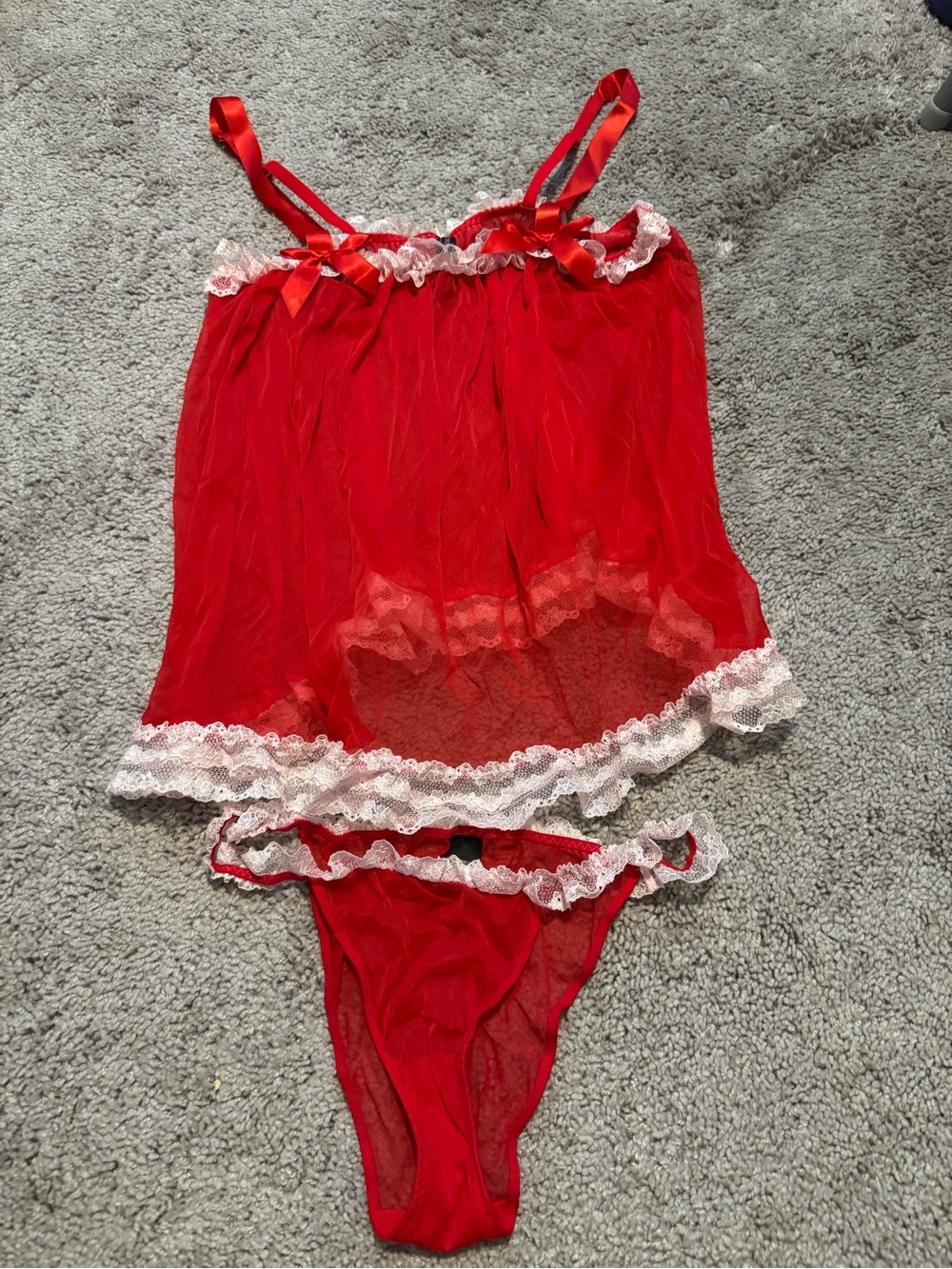Victoria's Secret Red Babydoll Chemise with White Lace Trim